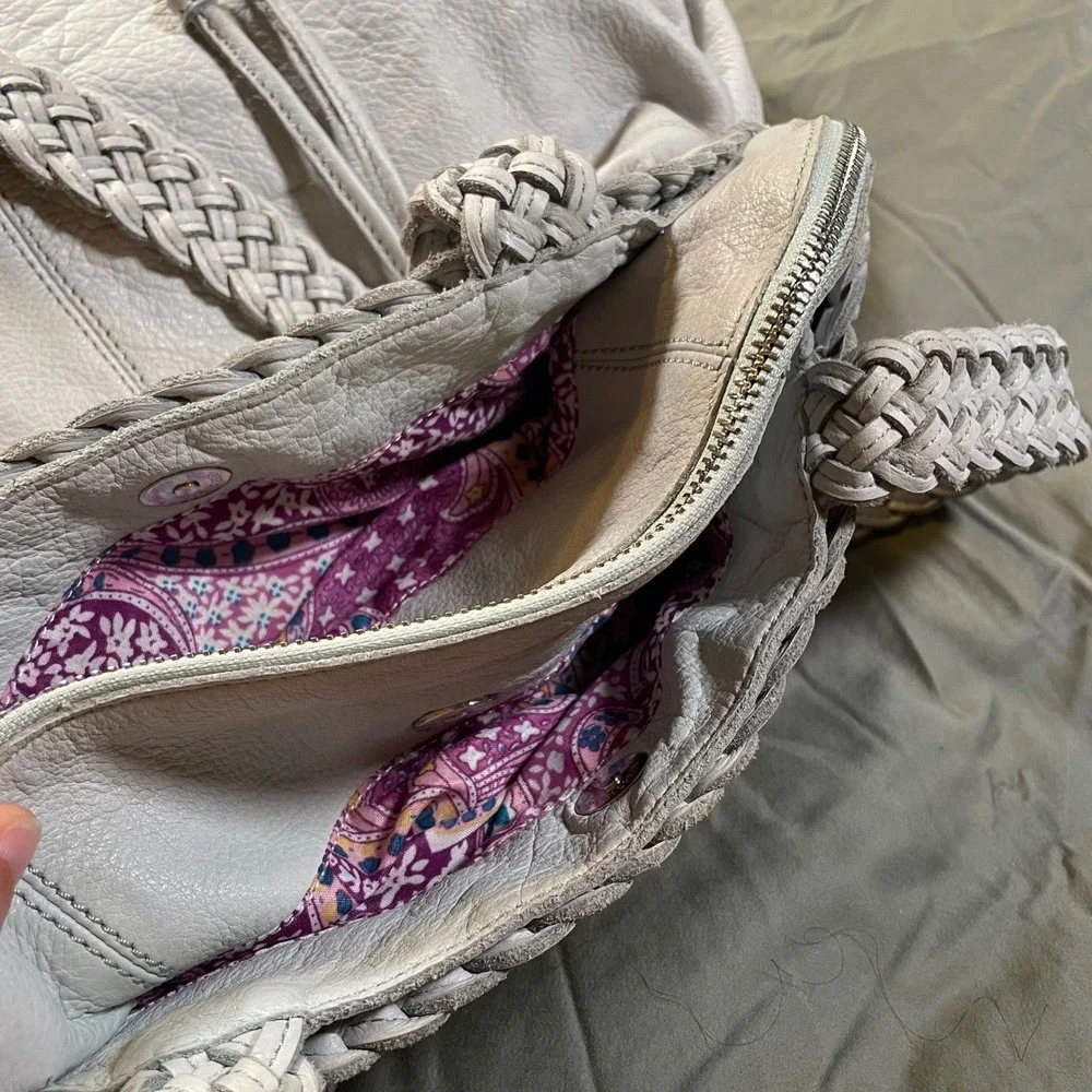 Sorial New York Light Grey Pebbled Leather Braided Strap Hobo Shoulder Bag Boho
